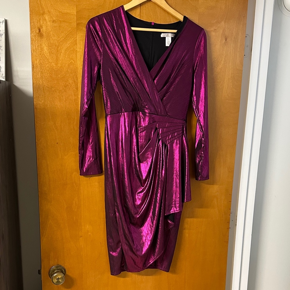 London Times Shimmering Magenta Long Sleeve Dress